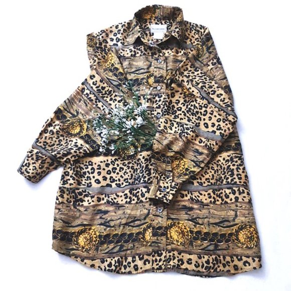 GIOVANNI 100% Silk Blouse Brown Black Leopard Print Oversized Collar L-Sleeve - Picture 4 of 13